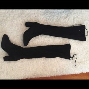 Over the knee black suede heeled boots